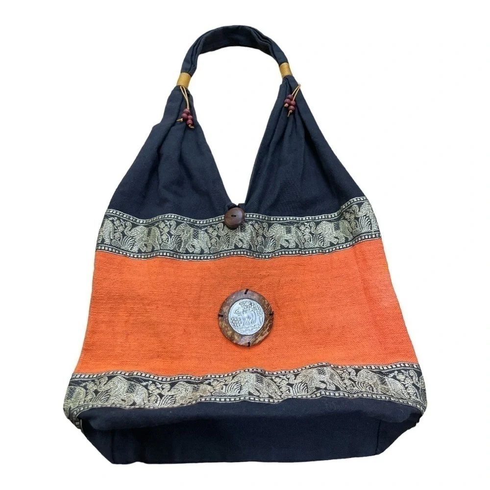 Shoulder Bag Sling Thai Hippie Hobo Orange Black color Crossbody Bag Bohemian